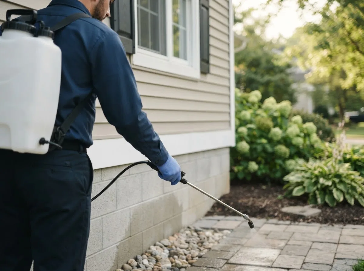 Pest control technician inspecting a home in Leonardsville, NY